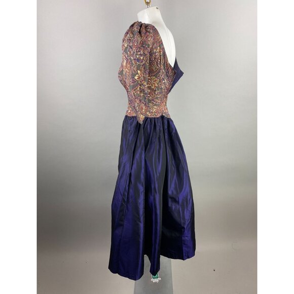 Vtg 80s Purple Gold Floral Tapestry Brocade Purple Taffeta Prom Tea Dress Glam S - Picture 5 of 6